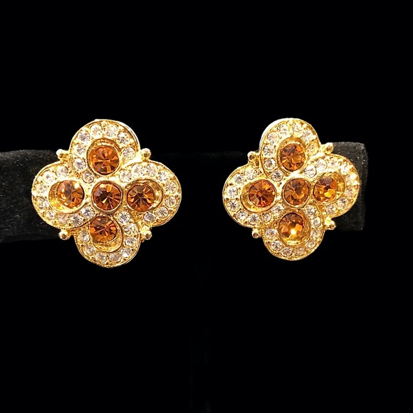 VINTAGE JOAN RIVERS GOLD TONE AND AMBER CLOVER/FLOWER CLIP ON EARRINGS - Picture 4 of 15